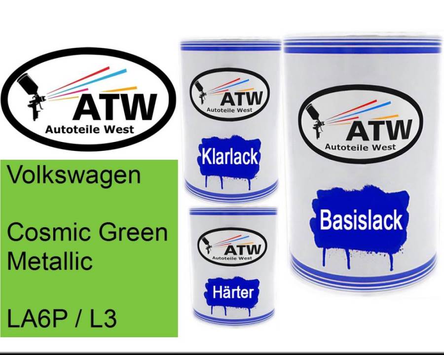 Volkswagen, Cosmic Green Metallic, LA6P / L3: 500ml Lackdose + 500ml Klarlack + 250ml Härter - Set, von ATW Autoteile West.